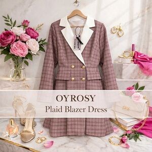 OYROSY Plaid Blazer Dress Double Breasted Pink Size M NWT